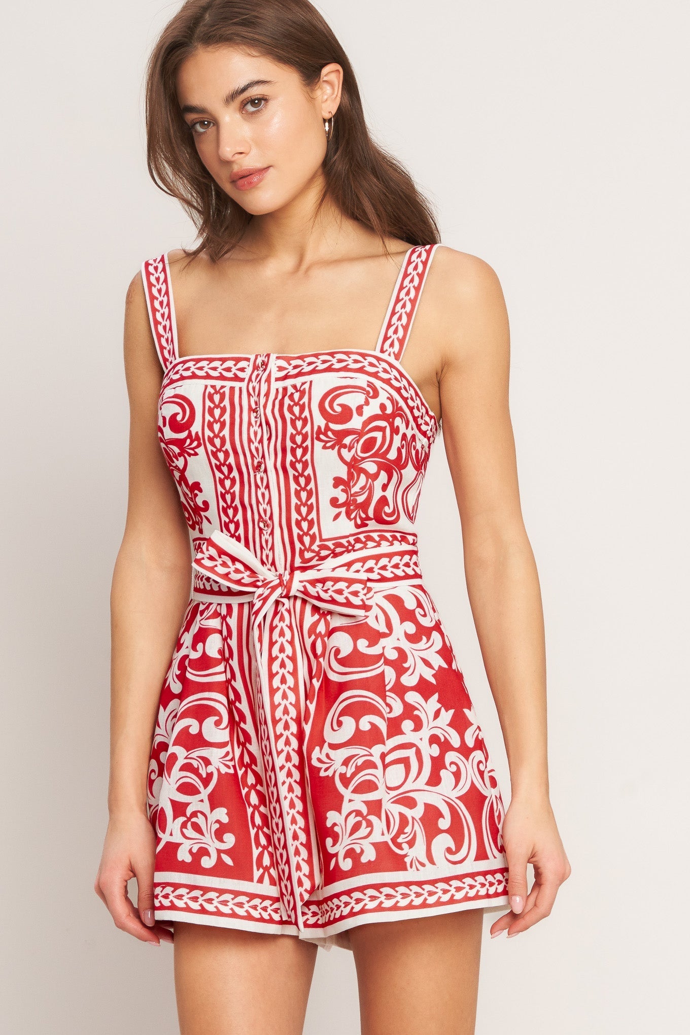 Printed Woven Romper with Button Down Front for Casual Summer Wear