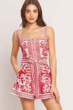 Printed Woven Romper with Button Down Front for Casual Summer Wear