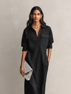 Elegant Black Cotton-Linen Midi Dress with Shirt Collar for Women