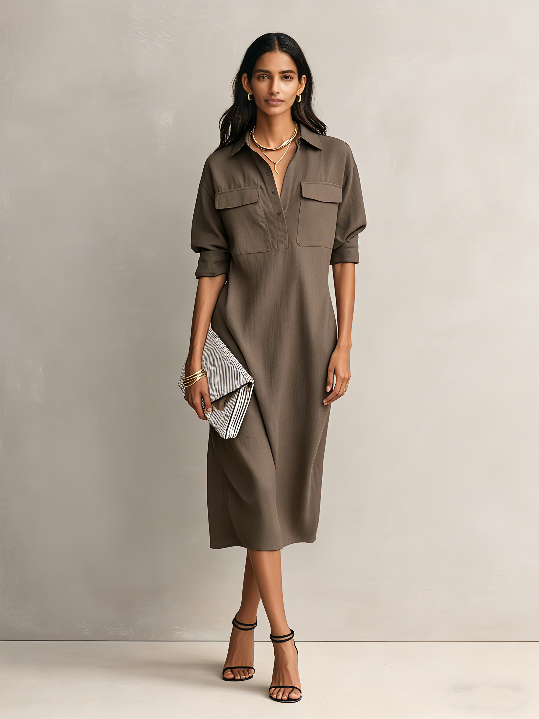 Elegant Black Cotton-Linen Midi Dress with Shirt Collar for Women