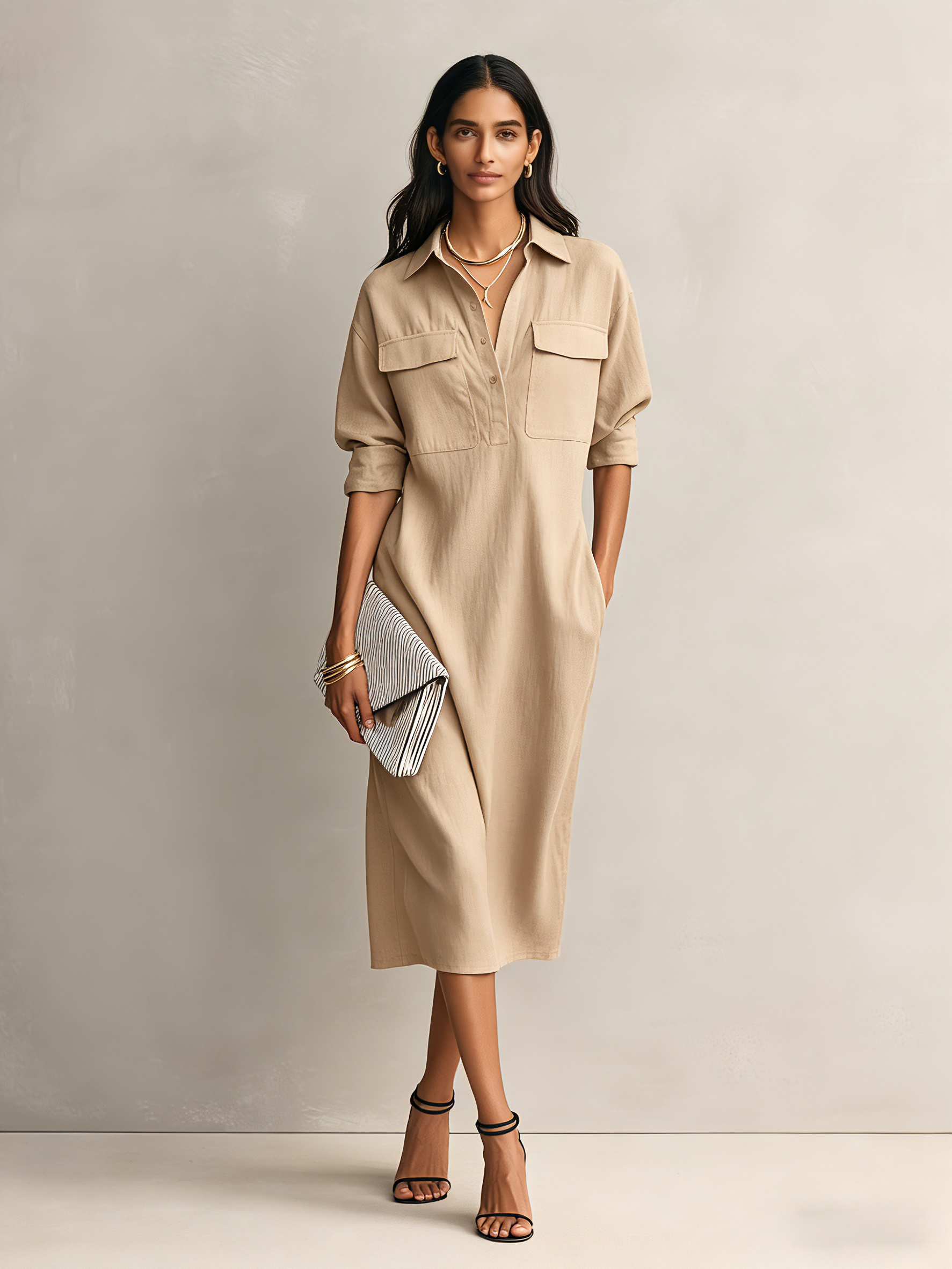 Elegant Black Cotton-Linen Midi Dress with Shirt Collar for Women