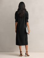 Elegant Black Cotton-Linen Midi Dress with Shirt Collar for Women