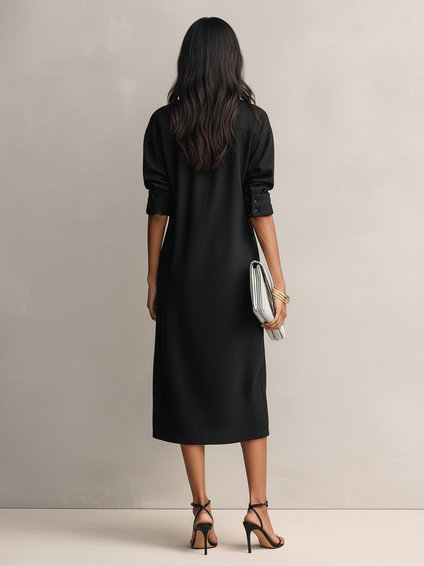 Elegant Black Cotton-Linen Midi Dress with Shirt Collar for Women