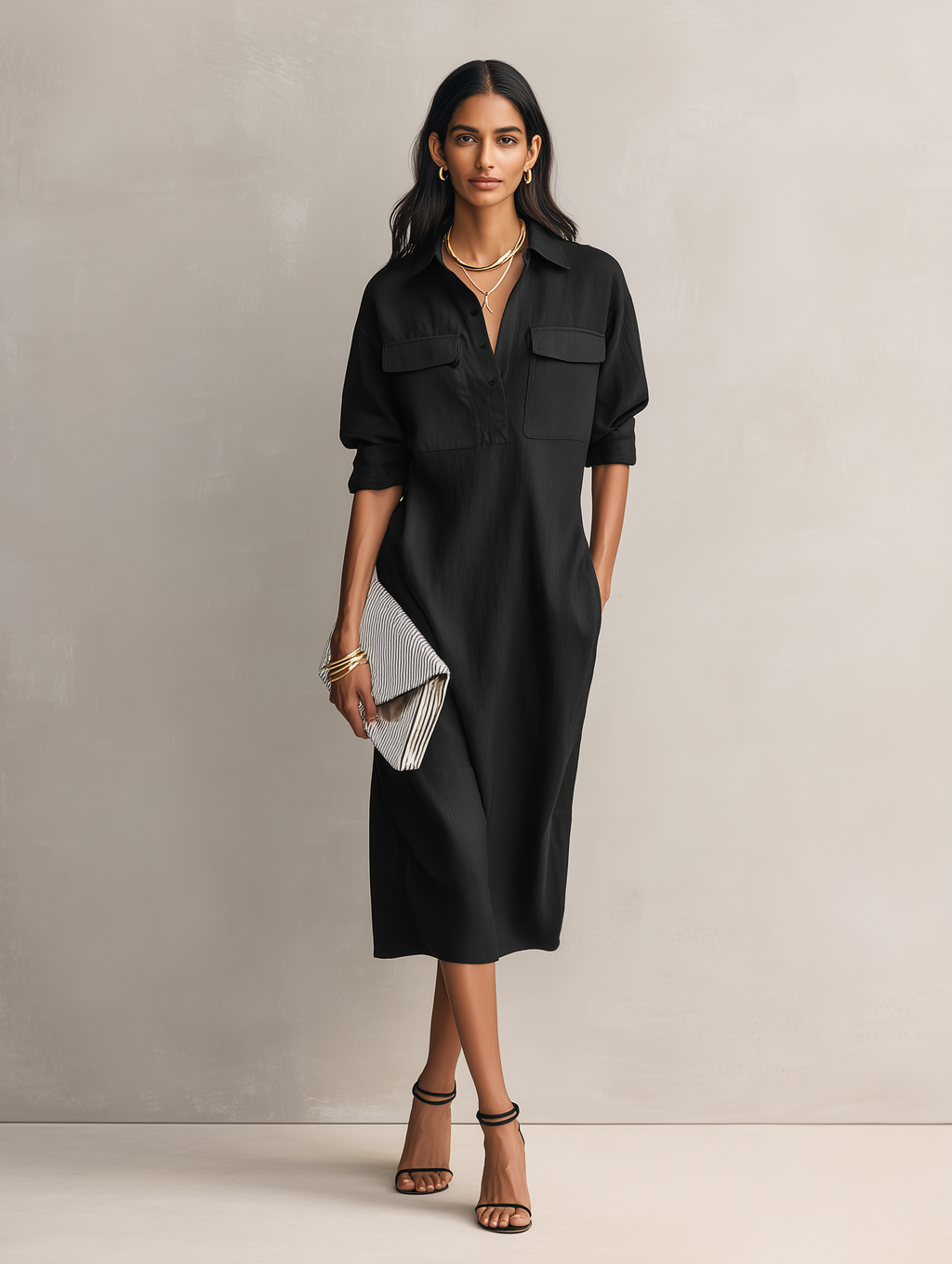 Elegant Black Cotton-Linen Midi Dress with Shirt Collar for Women
