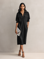 Elegant Black Cotton-Linen Midi Dress with Shirt Collar for Women