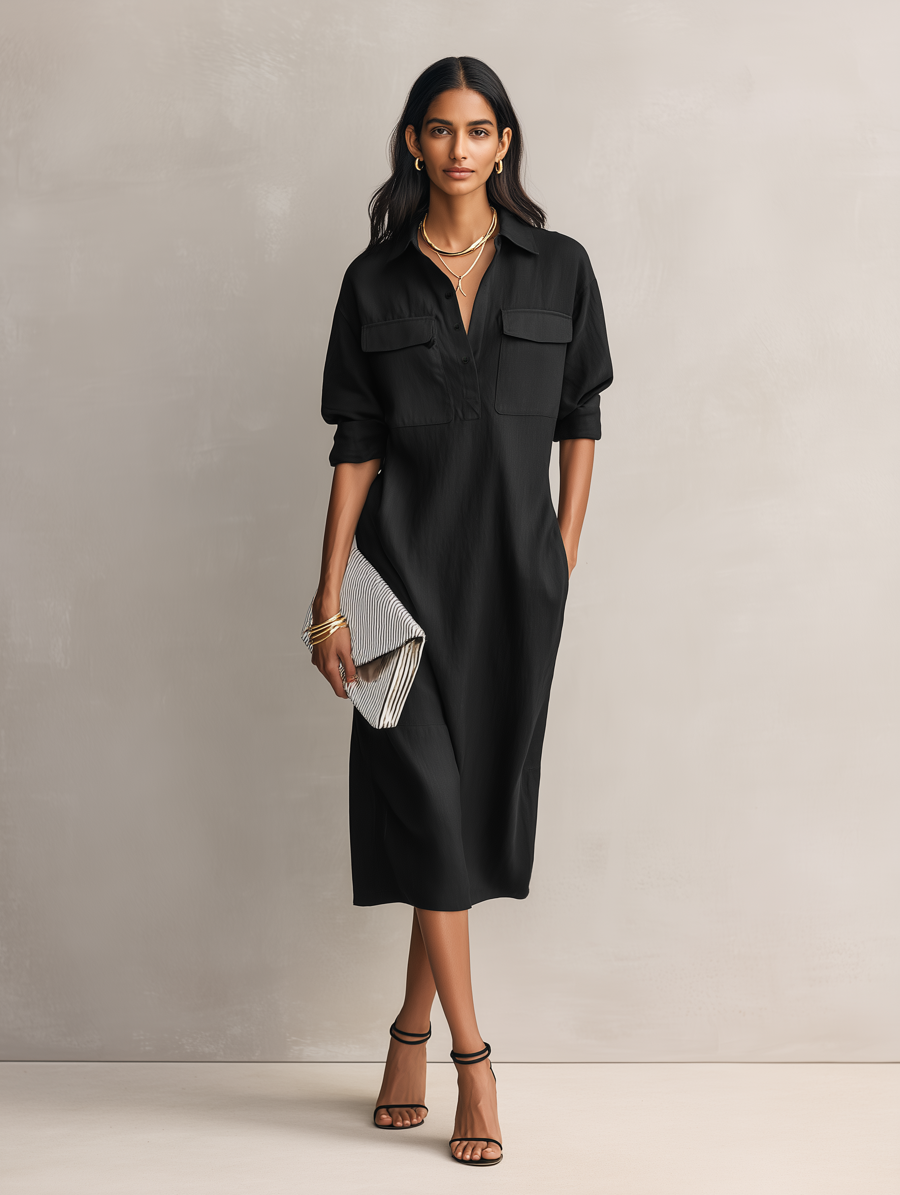 Elegant Black Cotton-Linen Midi Dress with Shirt Collar for Women
