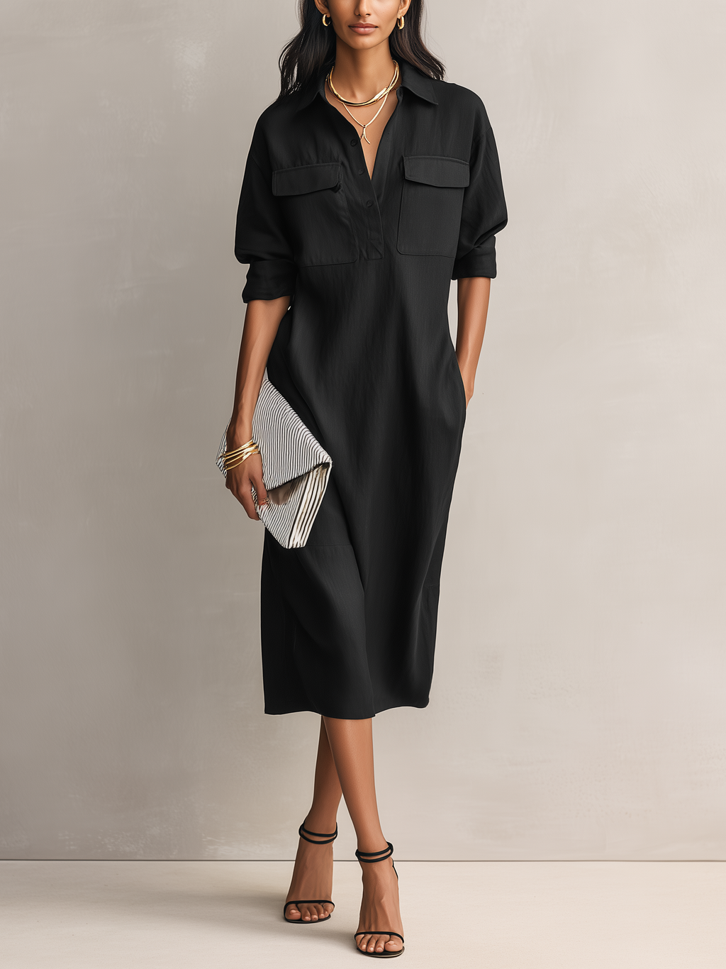 Elegant Black Cotton-Linen Midi Dress with Shirt Collar for Women