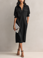 Elegant Black Cotton-Linen Midi Dress with Shirt Collar for Women
