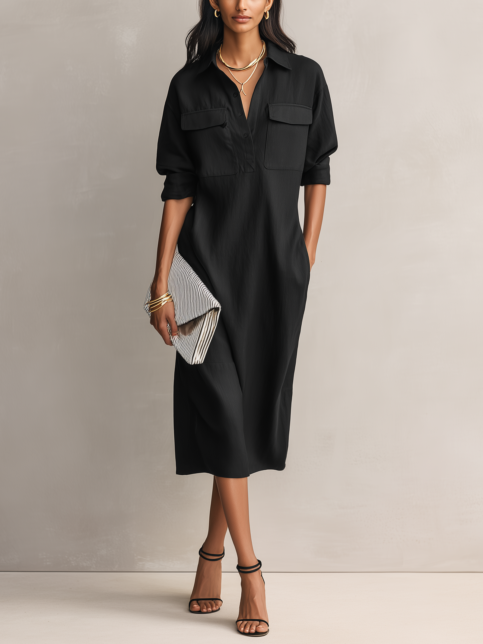 Elegant Black Cotton-Linen Midi Dress with Shirt Collar for Women