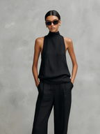 Elegant Black Cotton Linen Sleeveless Top and Trousers Set for Women