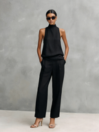 Elegant Black Cotton Linen Sleeveless Top and Trousers Set for Women