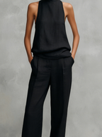 Elegant Black Cotton Linen Sleeveless Top and Trousers Set for Women