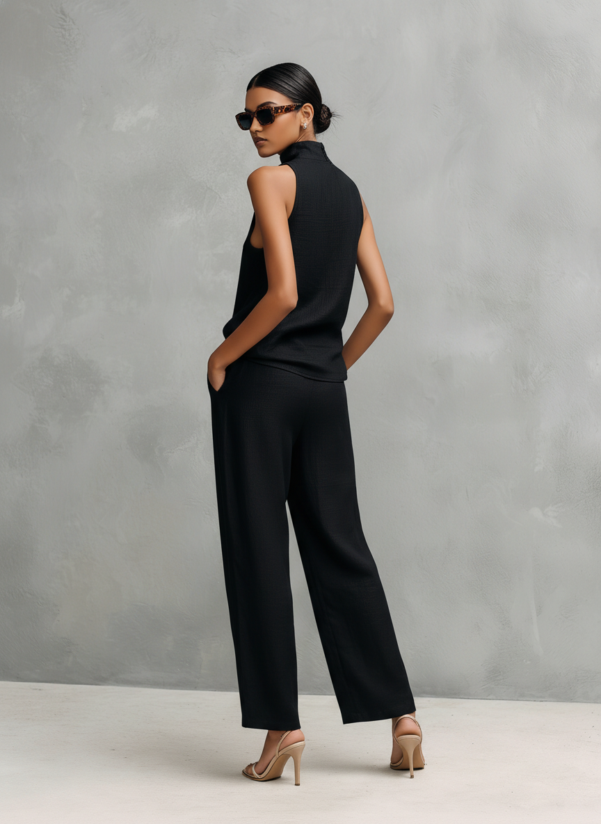 Elegant Black Cotton Linen Sleeveless Top and Trousers Set for Women