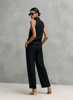 Elegant Black Cotton Linen Sleeveless Top and Trousers Set for Women