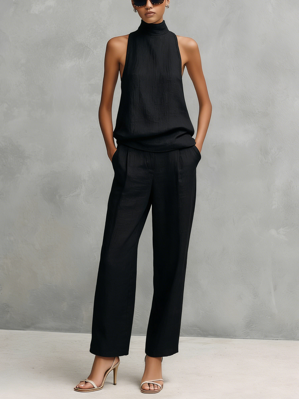 Elegant Black Cotton Linen Sleeveless Top and Trousers Set for Women
