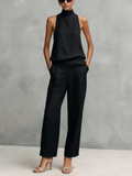 Elegant Black Cotton Linen Sleeveless Top and Trousers Set for Women