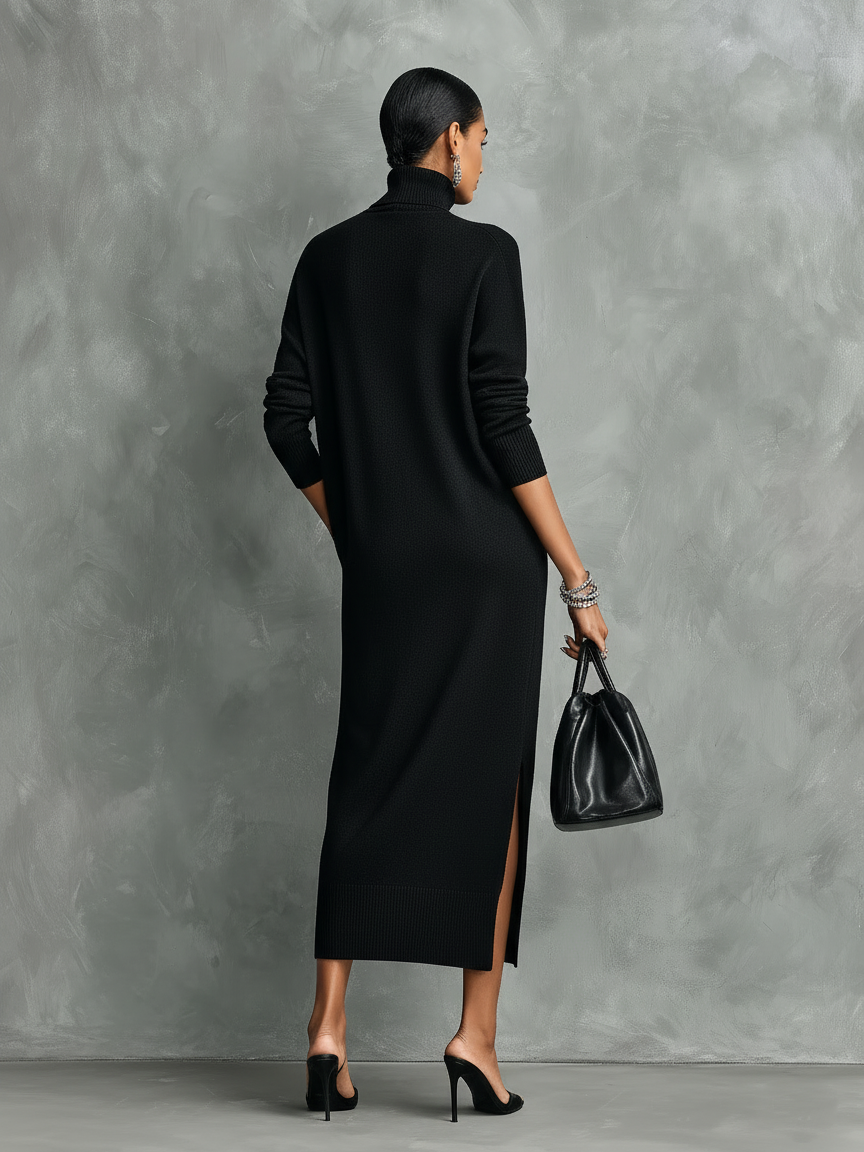 Elegant Black Knitted Turtleneck Midi Dress for Women - Long Sleeves, Loose Fit
