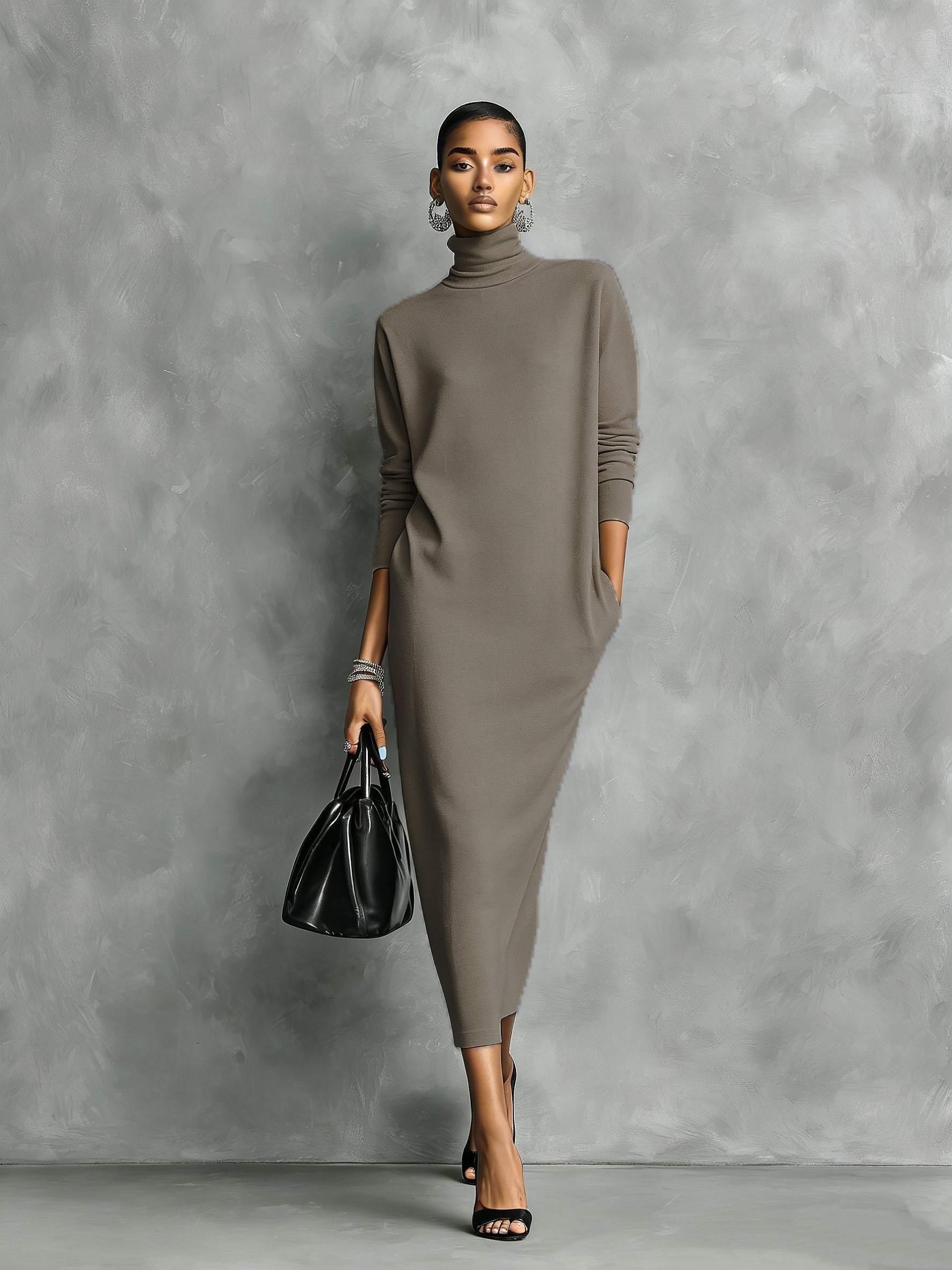 Elegant Black Knitted Turtleneck Midi Dress for Women - Long Sleeves, Loose Fit