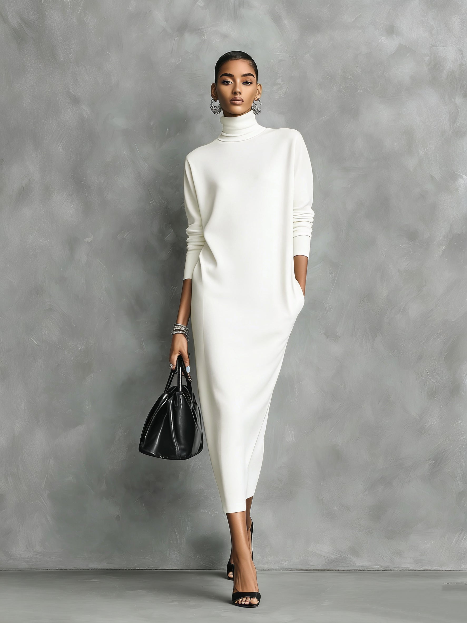 Elegant Black Knitted Turtleneck Midi Dress for Women - Long Sleeves, Loose Fit
