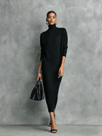 Elegant Black Knitted Turtleneck Midi Dress for Women - Long Sleeves, Loose Fit