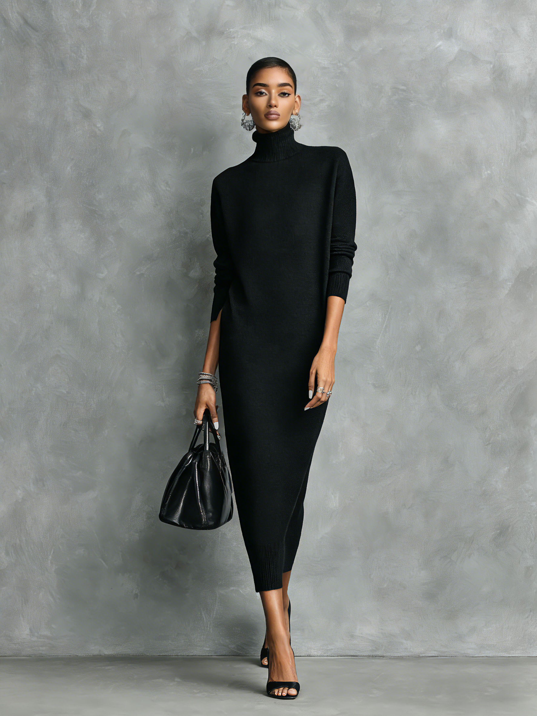 Elegant Black Knitted Turtleneck Midi Dress for Women - Long Sleeves, Loose Fit