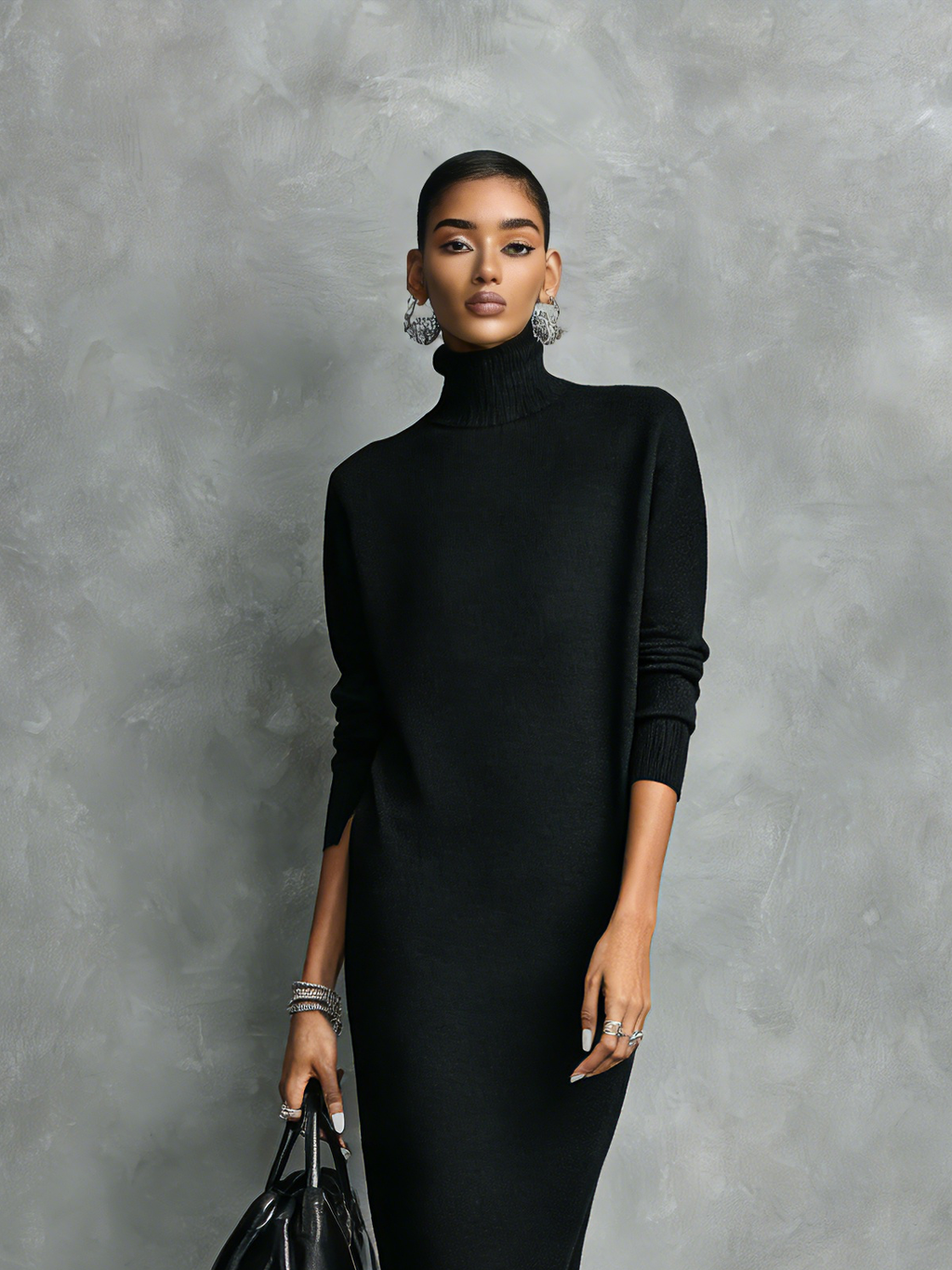 Elegant Black Knitted Turtleneck Midi Dress for Women - Long Sleeves, Loose Fit
