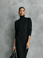 Elegant Black Knitted Turtleneck Midi Dress for Women - Long Sleeves, Loose Fit