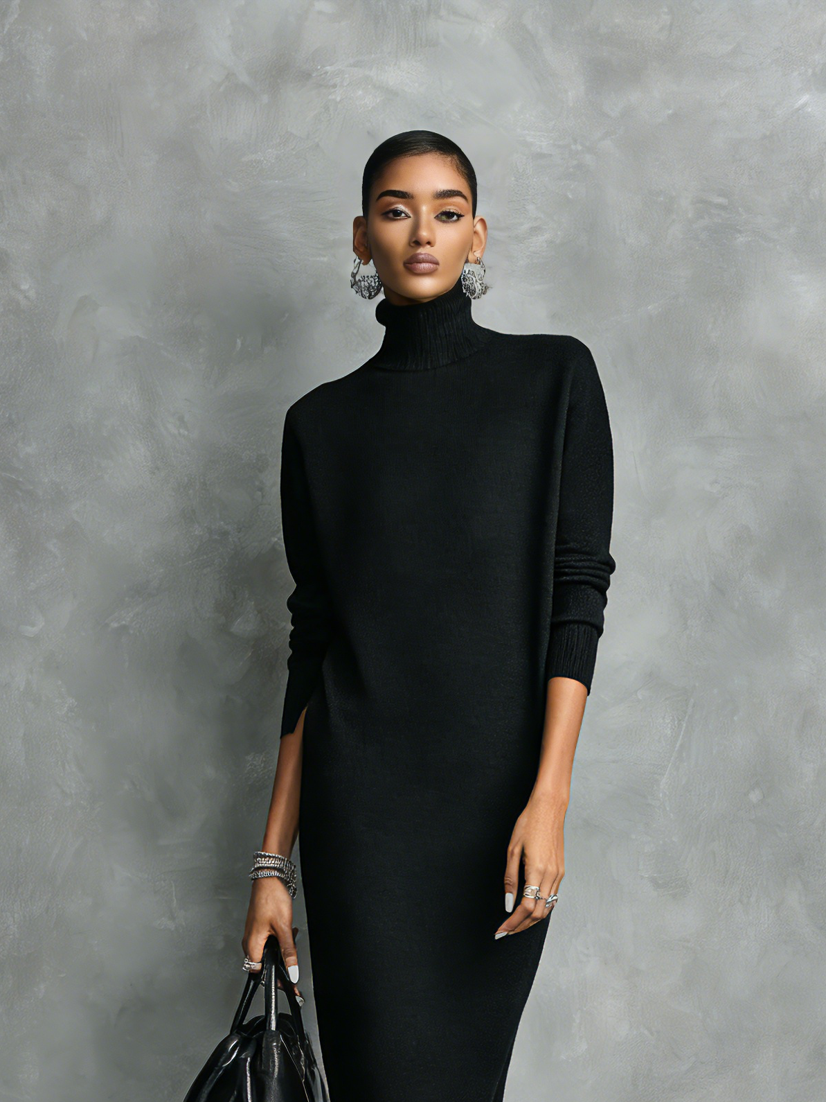 Elegant Black Knitted Turtleneck Midi Dress for Women - Long Sleeves, Loose Fit