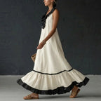 A-Line Pleated Maxi Dress with Ruffles - Elegant V-Neck Sleeveless Evening Dress