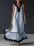 A-Line Pleated Maxi Dress with Ruffles - Elegant V-Neck Sleeveless Evening Dress