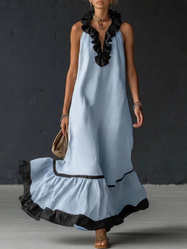 A-Line Pleated Maxi Dress with Ruffles - Elegant V-Neck Sleeveless Evening Dress