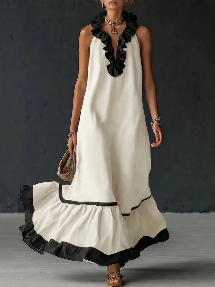 A-Line Pleated Maxi Dress with Ruffles - Elegant V-Neck Sleeveless Evening Dress