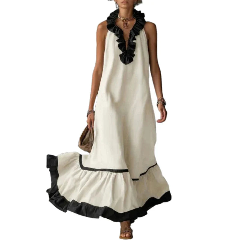 A-Line Pleated Maxi Dress with Ruffles - Elegant V-Neck Sleeveless Evening Dress