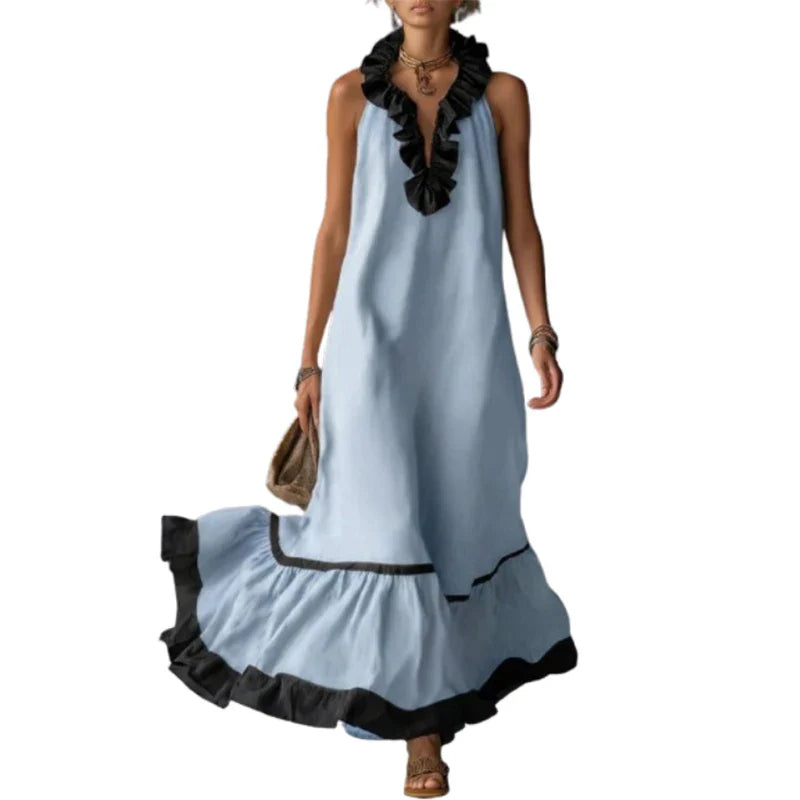 A-Line Pleated Maxi Dress with Ruffles - Elegant V-Neck Sleeveless Evening Dress