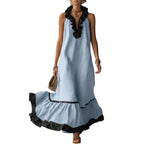 A-Line Pleated Maxi Dress with Ruffles - Elegant V-Neck Sleeveless Evening Dress