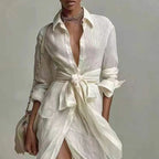 Boho White Linen Maxi Dress for Women – High Waist, Split Hem, Long Sleeve, Summer Beach