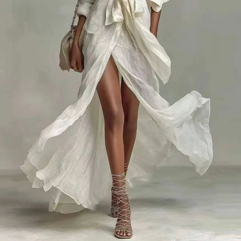 Boho White Linen Maxi Dress for Women – High Waist, Split Hem, Long Sleeve, Summer Beach