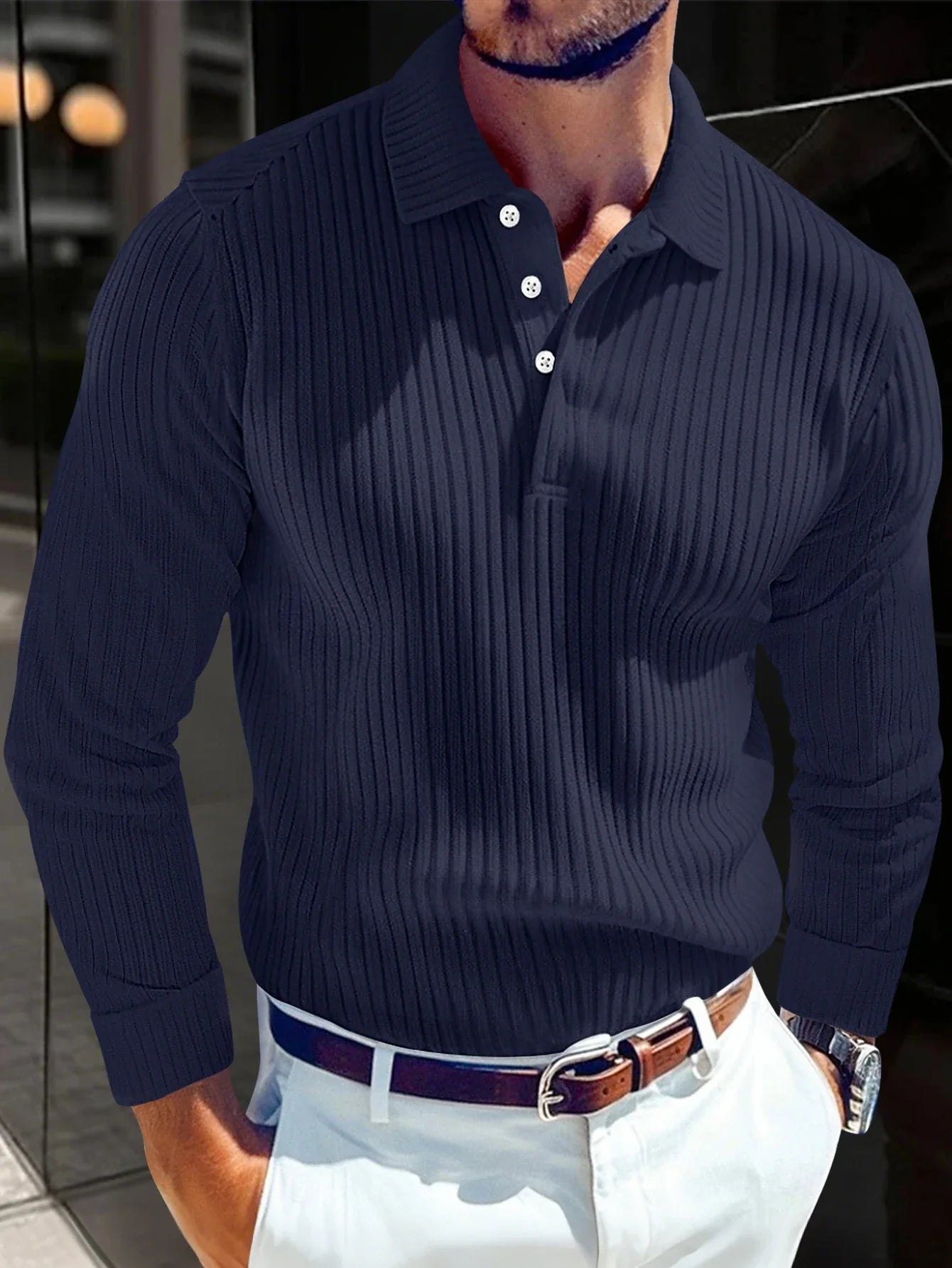 Cotton Striped Long Sleeve Polo Shirt for Men - Casual Wear