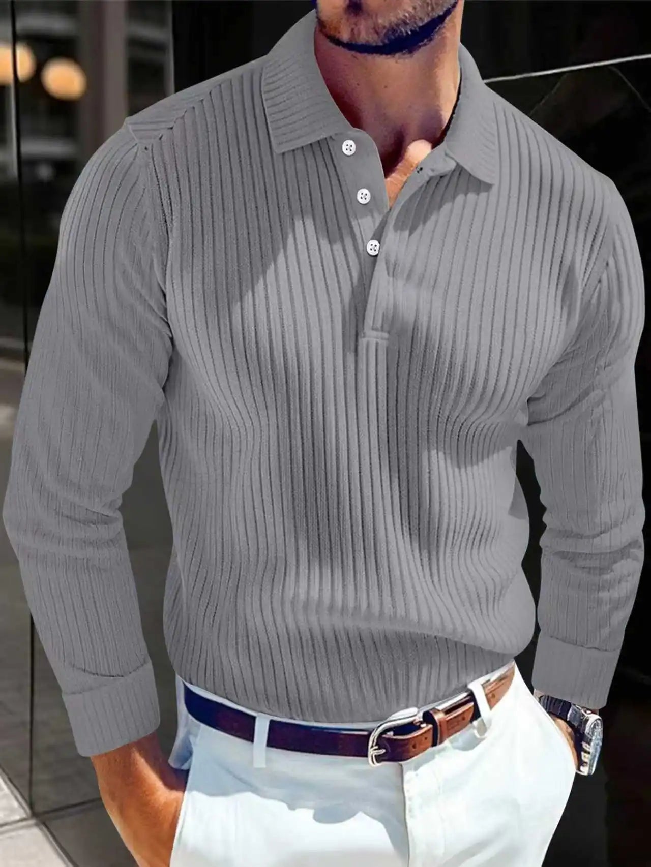 Cotton Striped Long Sleeve Polo Shirt for Men - Casual Wear