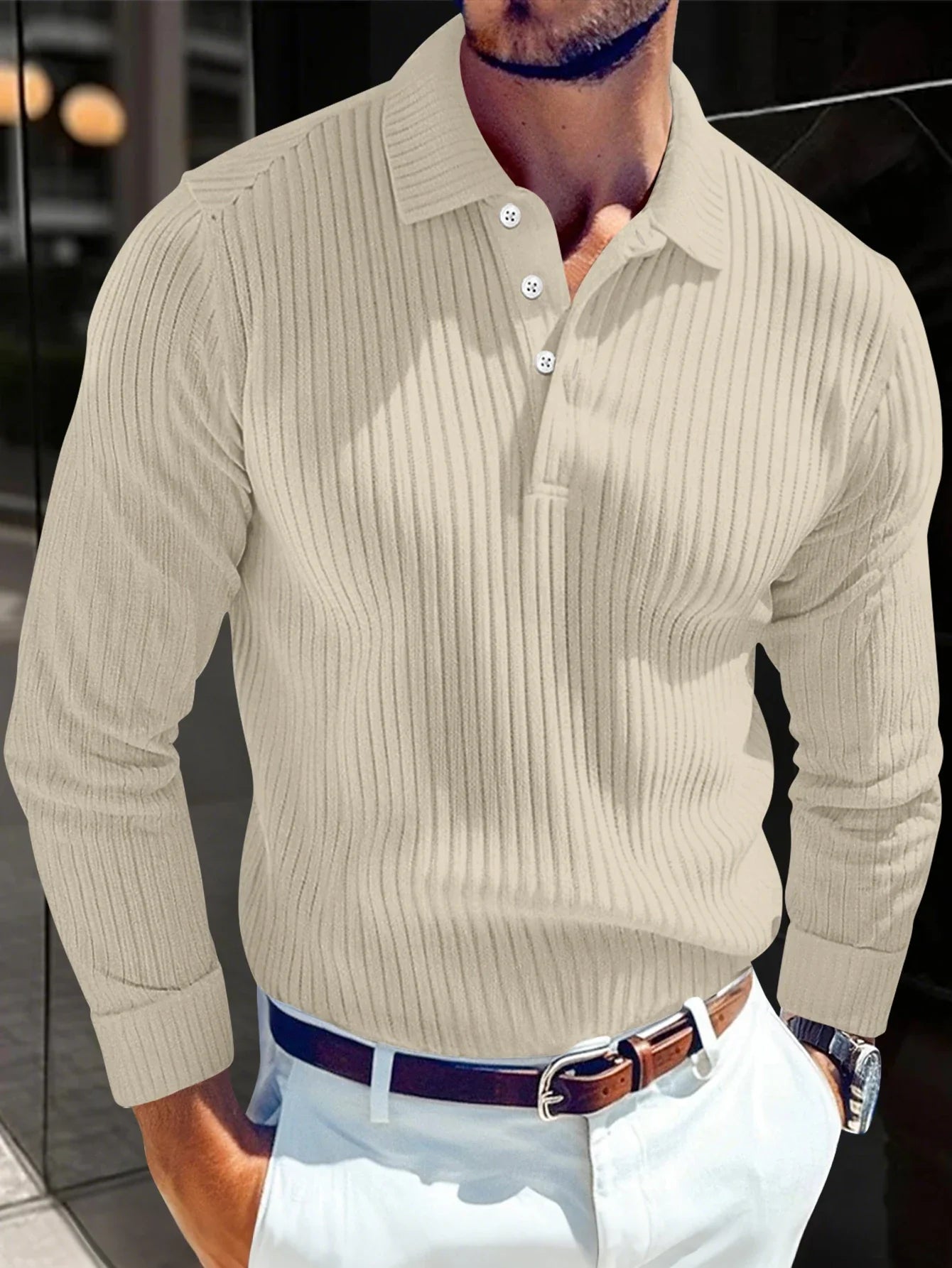 Cotton Striped Long Sleeve Polo Shirt for Men - Casual Wear