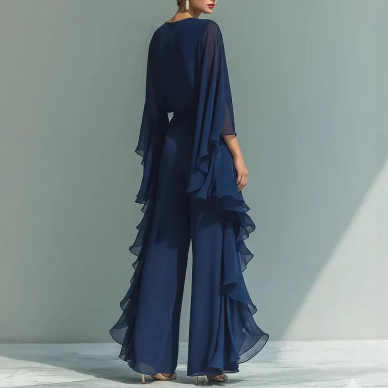 Chiffon Two-Piece Set for Women - O-Neck Flare Sleeve Top & Wide Leg Pants