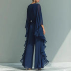 Chiffon Two-Piece Set for Women - O-Neck Flare Sleeve Top & Wide Leg Pants