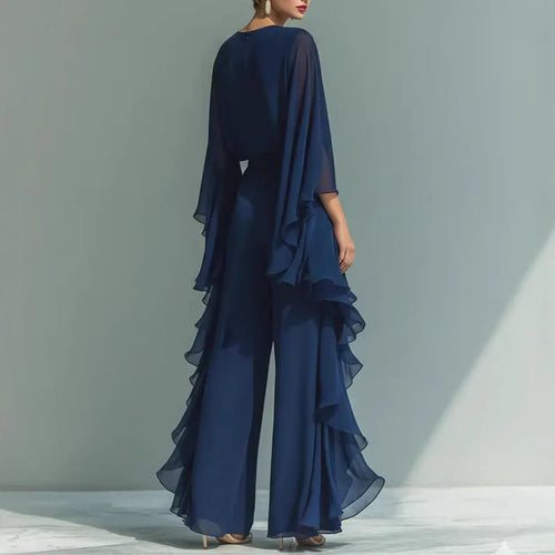 Chiffon Two-Piece Set for Women - O-Neck Flare Sleeve Top & Wide Leg Pants