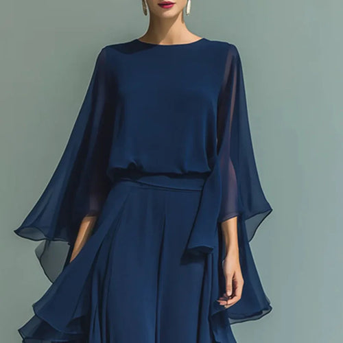 Chiffon Two-Piece Set for Women - O-Neck Flare Sleeve Top & Wide Leg Pants