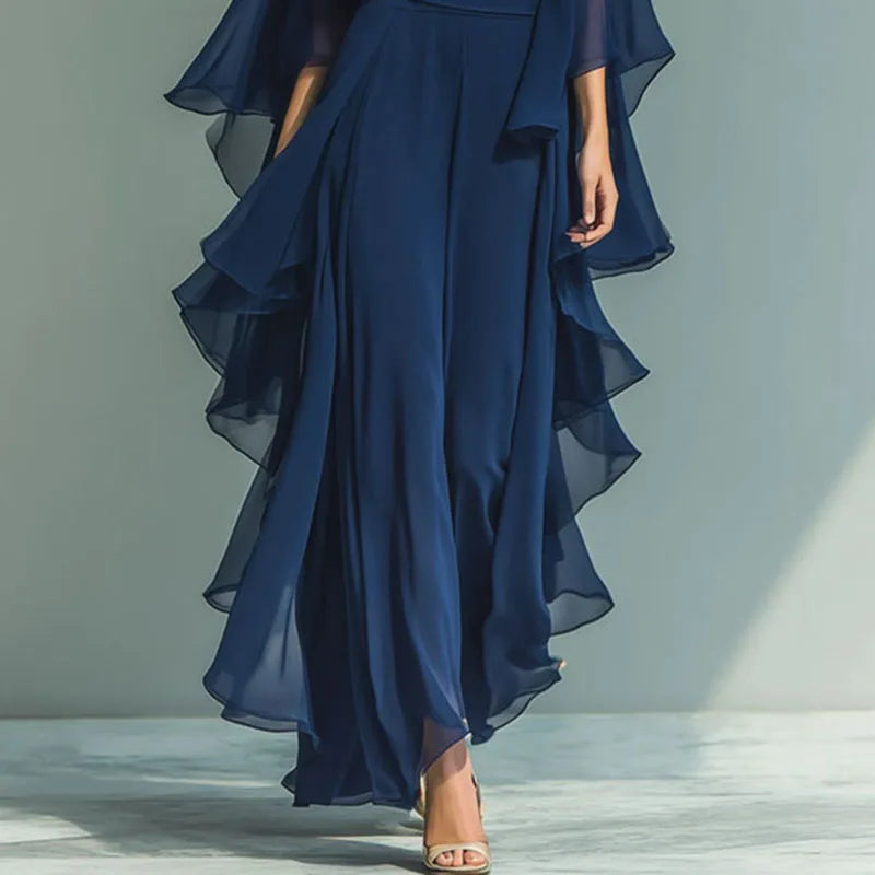 Chiffon Two-Piece Set for Women - O-Neck Flare Sleeve Top & Wide Leg Pants