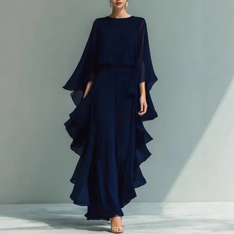 Chiffon Two-Piece Set for Women - O-Neck Flare Sleeve Top & Wide Leg Pants