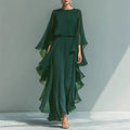 Chiffon Two-Piece Set for Women - O-Neck Flare Sleeve Top & Wide Leg Pants