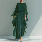 Chiffon Two-Piece Set for Women - O-Neck Flare Sleeve Top & Wide Leg Pants