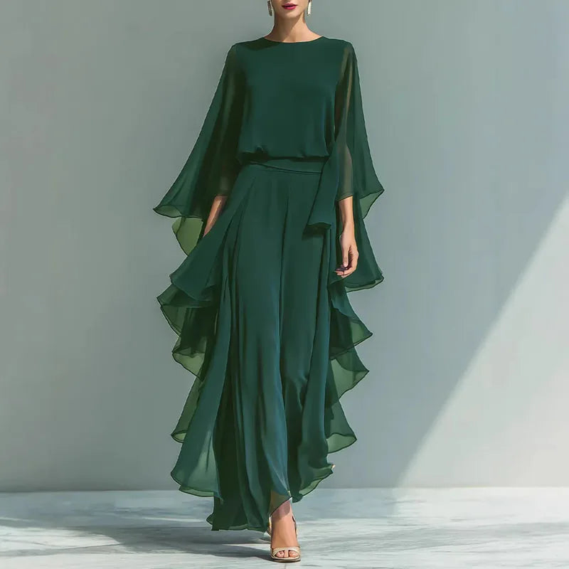 Chiffon Two-Piece Set for Women - O-Neck Flare Sleeve Top & Wide Leg Pants