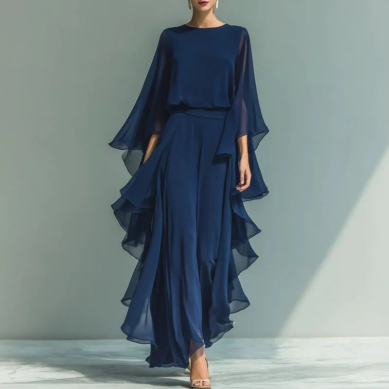 Chiffon Two-Piece Set for Women - O-Neck Flare Sleeve Top & Wide Leg Pants